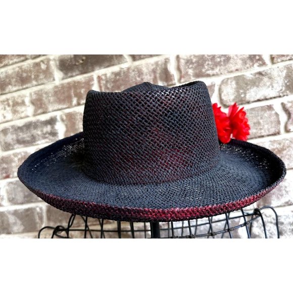 VTG The Scala Collection Black Straw Weave Hat Flower Embellishments Cru… - Picture 6 of 12